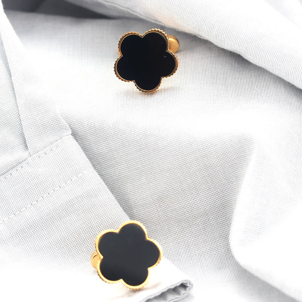 Black Shell  Wedding Five Leaf Clover Flower Serrated Gold Stainless Steel Cufflinks Men For Tuxedo Formal Shirts