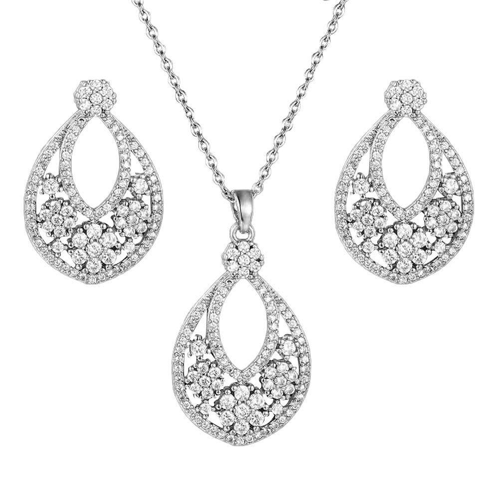 Waterdrop Hollow Flower Diamond Necklace Earrings Jewelry Set