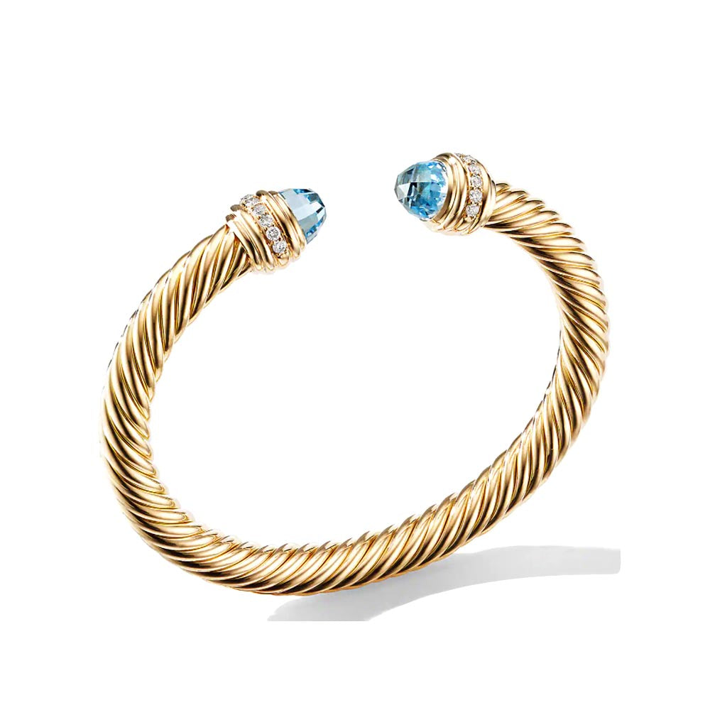 Blue Gemstone Diamonds Twisted Rope Wire Enamel Stainless Steel Open Bracelet