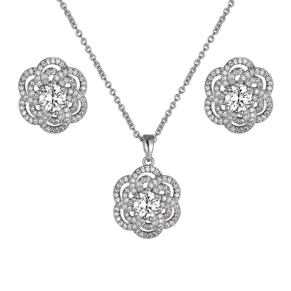 Camellia Flower Microset Earrings Necklace Jewelry Set