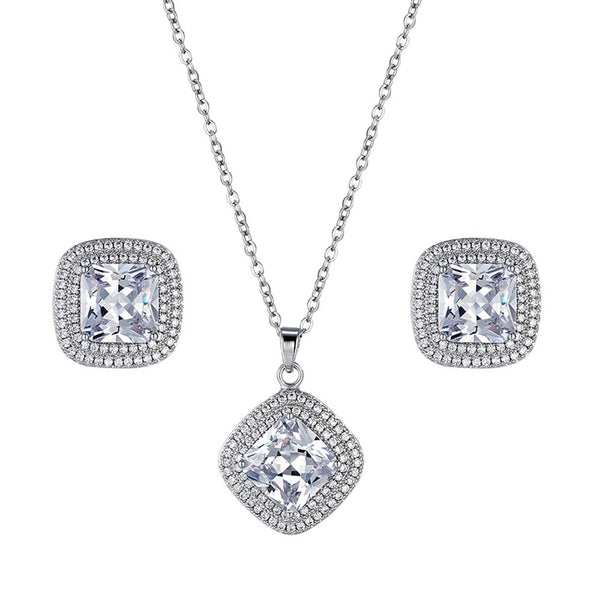 Square Court Diamond Necklace Earrings Jewelry Set