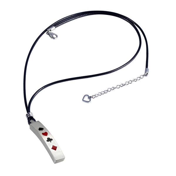 Poker Spade Heart Club Dianmond Pendant Stainless Steel Black Leather Rope Necklace