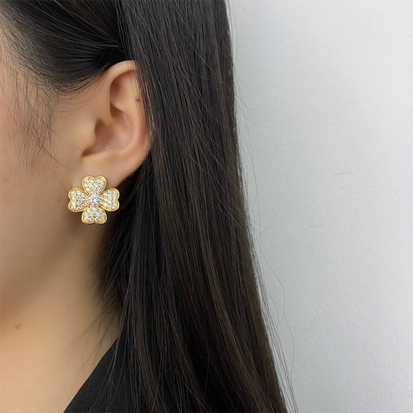 Clovers Elegant micro-set four hearts full of diamonds large flower ear stud earrings