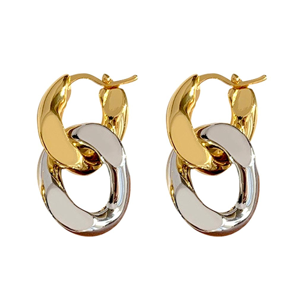 Thick Chain High Polish Gold Silver Contrast Stitching Heavy Metal Hip-hop Detachable Steel Earrings