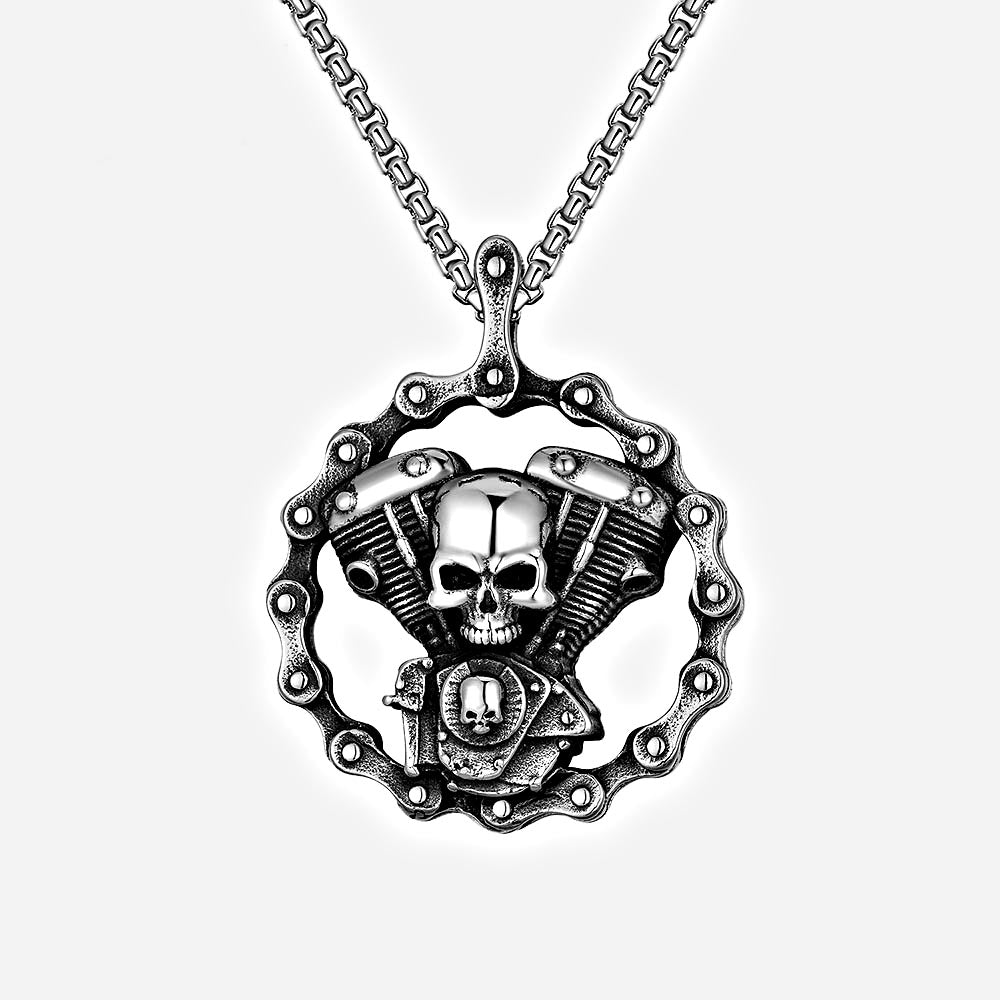 Punk Hip Hop Locomotive Engine Skull Cast Titanium Steel Men Necklace