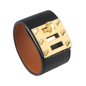 PU Wide Leather Rotary Buckle Double Row Small Rivet Three-section Buckle Bracelet Bangle