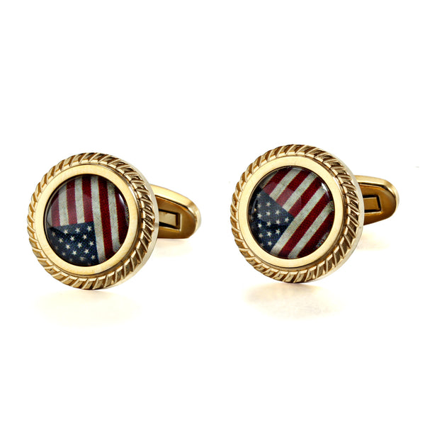 American Flag Stone Jagged Edge Casting Serrated  stainless steel 316L 18K Gold Plating cufflinks for Tuxedo Business Formal Shirts one pairs