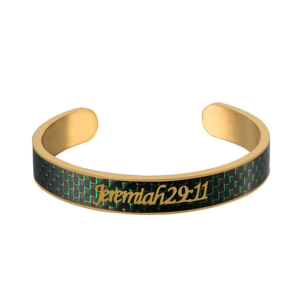 Holy Bible Sacred Word Jeremiah 29:11 Green Carbon Fiber Gold Stainless Steel Cuff Bangle Open Bracelet