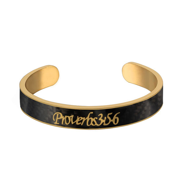 Holy Bible Sacred Word Proverbs 3:5-6 Black Carbon Fiber Gold Stainless Steel Cuff Bangle Open Bracelet