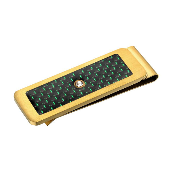 Green With Black Carbon Fiber Drill Crystal Stainless Steel Golden Money Clip Cash Clip