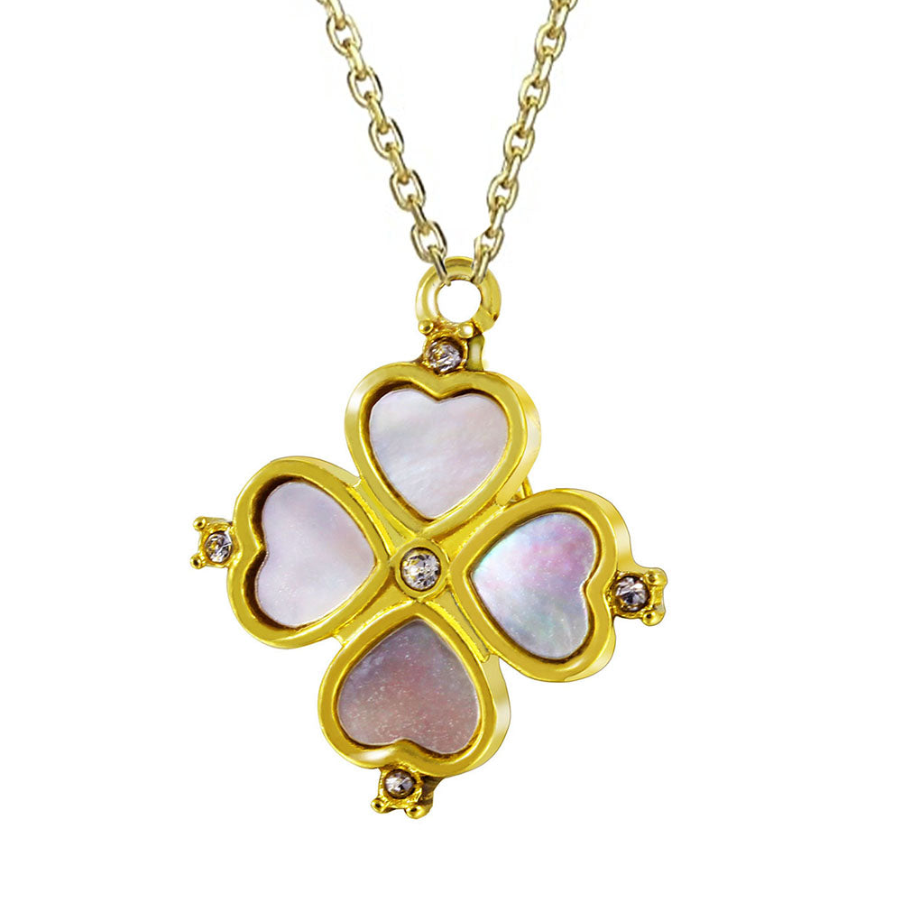 Brand New Love Heart Four Leaf Clover With Crystal White Shell Stainless Steel Lady Women necklace