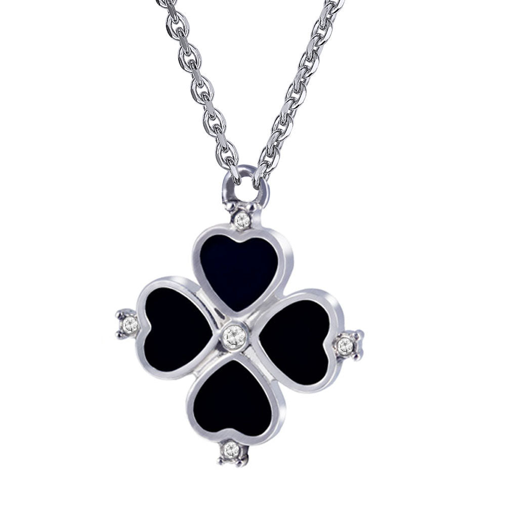 Brand New Love Heart Four Leaf Clover With Crystal Black Shell  Stainless Steel Lady Women necklace 42cm