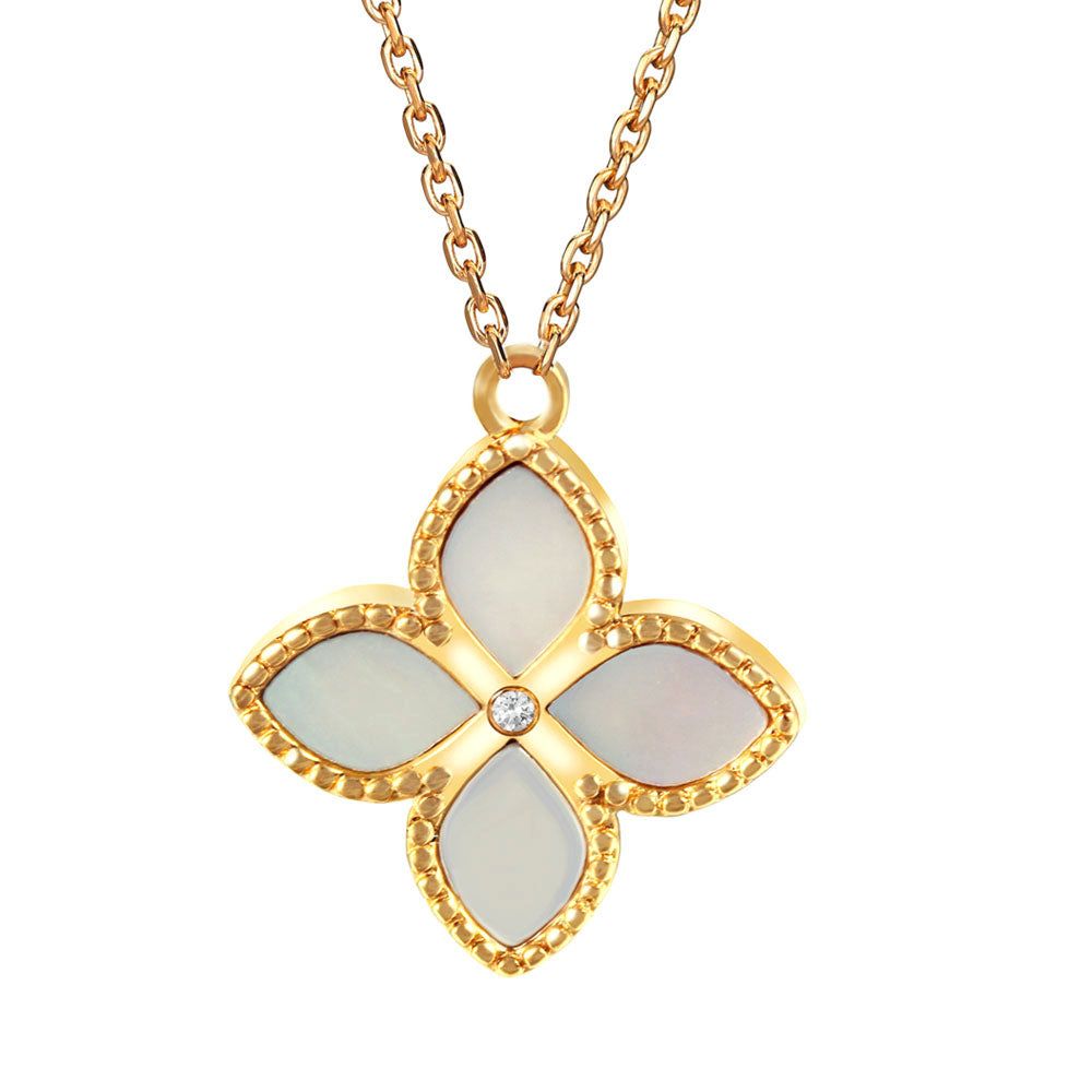 Brand New golden Lovely Four Leaf Clover White Shell  Stainless Steel Lady Women necklace