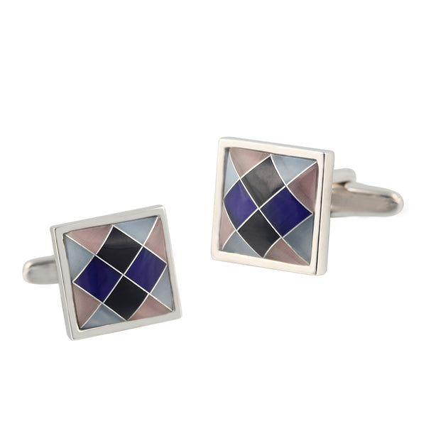 Square blue white secondary color shell Silver Plated Cufflinks