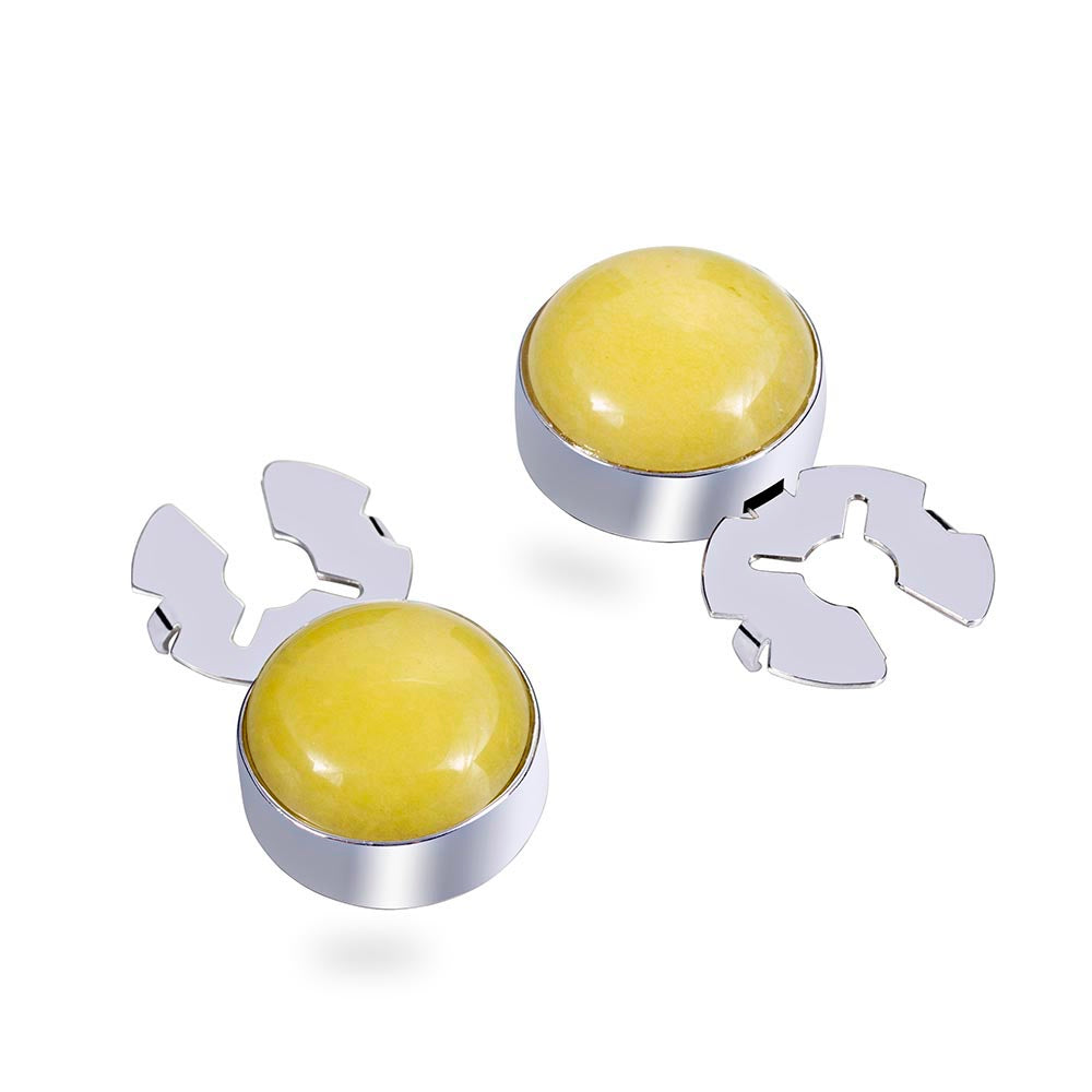 Natural lemon stone Egg yellow silver BUTTON COVER for Tuxedo Business Formal Shirts 17.5MM one pair