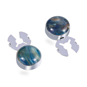 Forcehold Cosmic nebula blue agate stone  silver BUTTON COVER for Tuxedo Business Formal Shirts 17.5MM one pair