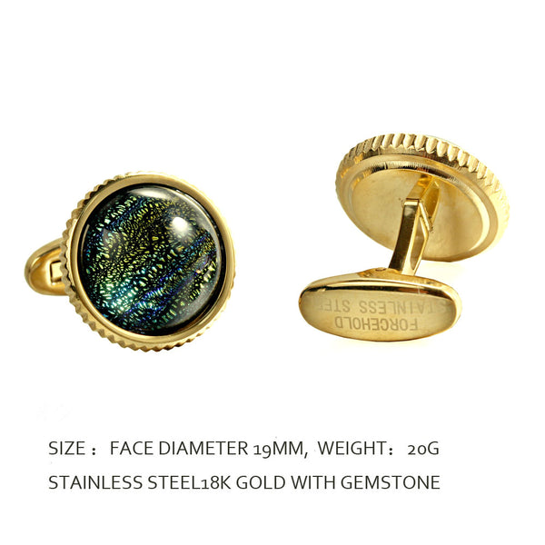 Dinosaur Eye Colored Foil Glass Liuli crystal Casting Serrated  stainless steel 316L cufflinks for Tuxedo Business Formal Shirts one pairs