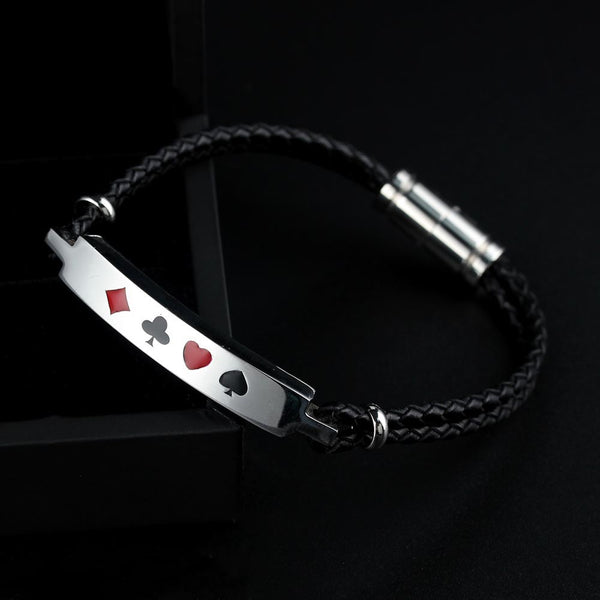 Poker Spade Heart Club Dianmond Pendant Stainless Steel Black Leather Rope bracelet