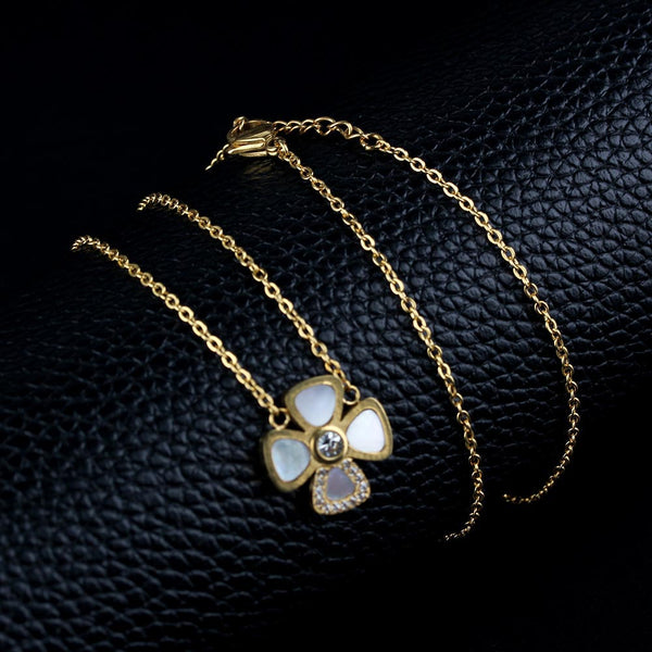 Brand New golden Lovely Four Leaf Clover With Crystal White Shell  Stainless Steel Lady Women necklace