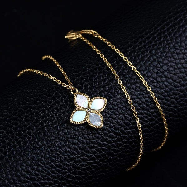 Brand New golden Lovely Four Leaf Clover White Shell  Stainless Steel Lady Women necklace