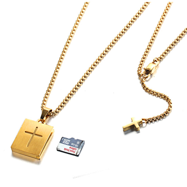 Forcehold TF card micro SD card holder self-bombing slot cross pandent stainless steel fashion necklace gold