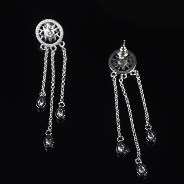 Fairy Temperament  Silver Needle Tassel Amphibole Zirconia Long Stud Earrings