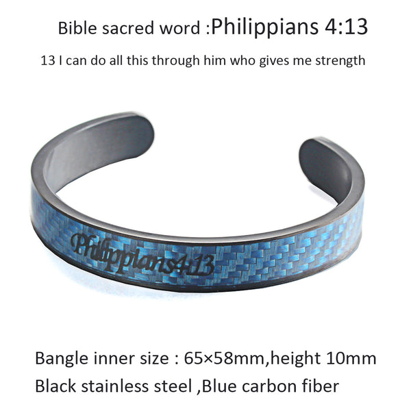 Holy Bible Sacred Word Philippians 4:13 Blue Carbon Fiber Black Stainless Steel Cuff Bangle Open Bracelet
