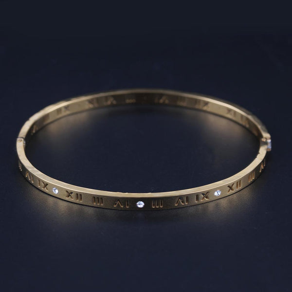 Delicate Narrow Cutout Roman Numeral Diamond Buckle Bracelet Bangle