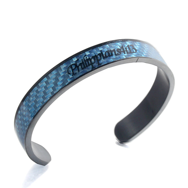 Holy Bible Sacred Word Philippians 4:13 Blue Carbon Fiber Black Stainless Steel Cuff Bangle Open Bracelet