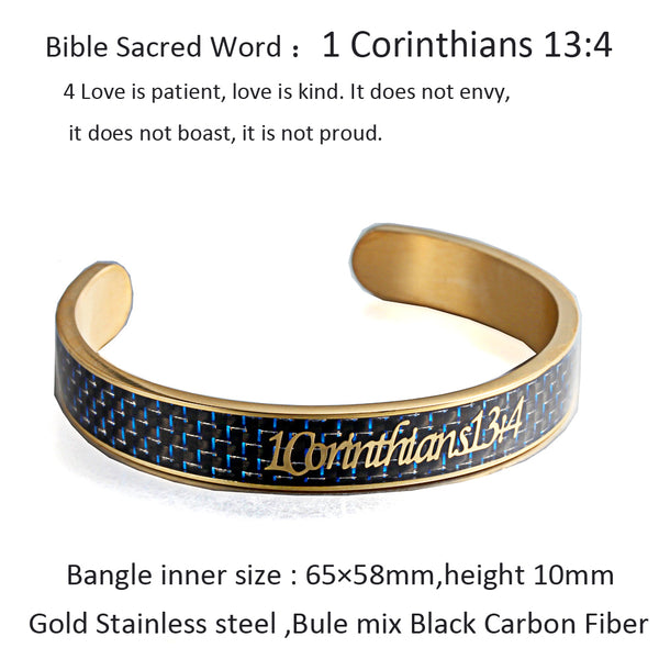 Holy Bible Sacred Word 1 Corinthians 13:4 Blue Mix Black Carbon Fiber Gold Stainless Steel Cuff Bangle Open Bracelet