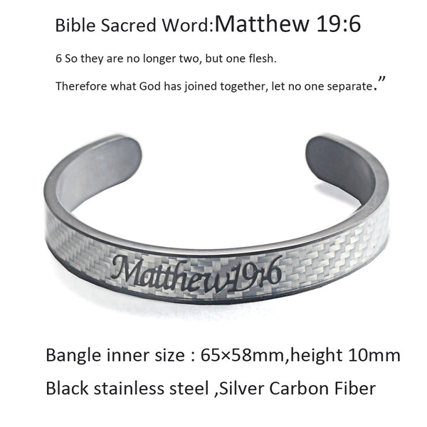 Holy Bible Sacred Word Matthew 19:6 Silver Carbon Fiber Black Stainless Steel Cuff Bangle Open Bracelet