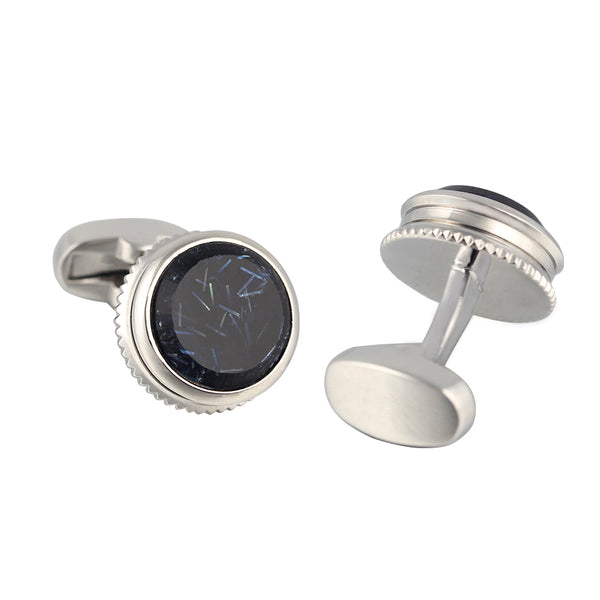 round serrated marble Silver Plated Cufflinks