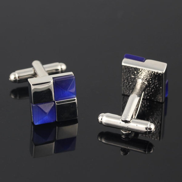 Blue Checkered Square Silver Plated Cufflinks