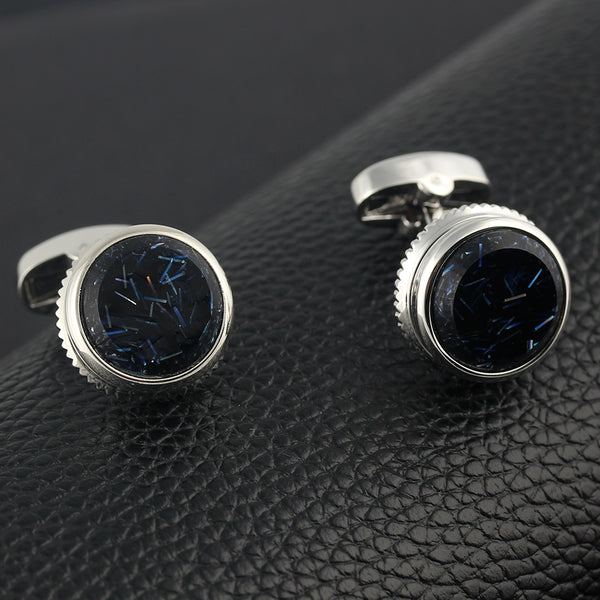 round serrated marble Silver Plated Cufflinks