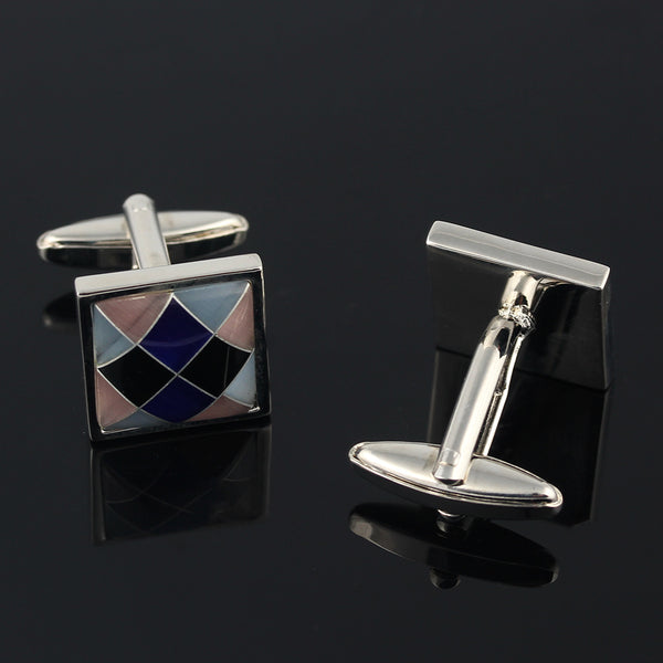 Square blue white secondary color shell Silver Plated Cufflinks