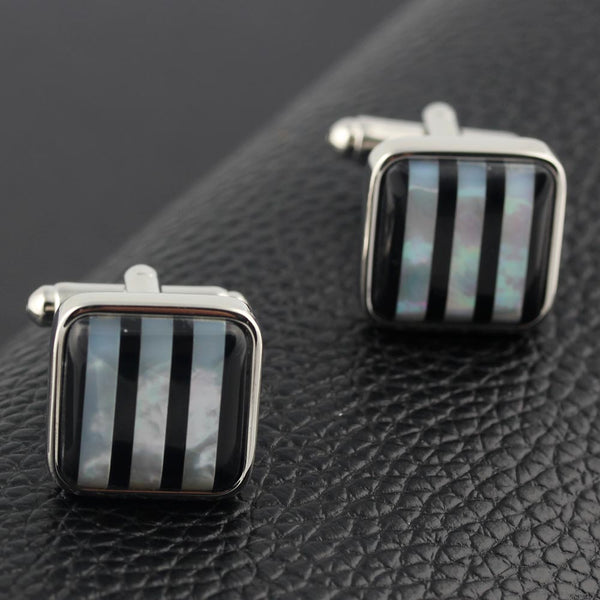 Zebra Striped Shell Black Onyx Square Silver Plated Cufflinks