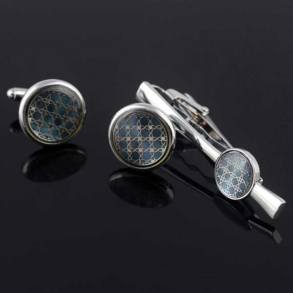 Blue plaid Silver Plated wedding best man Cufflinks and tie clip one set