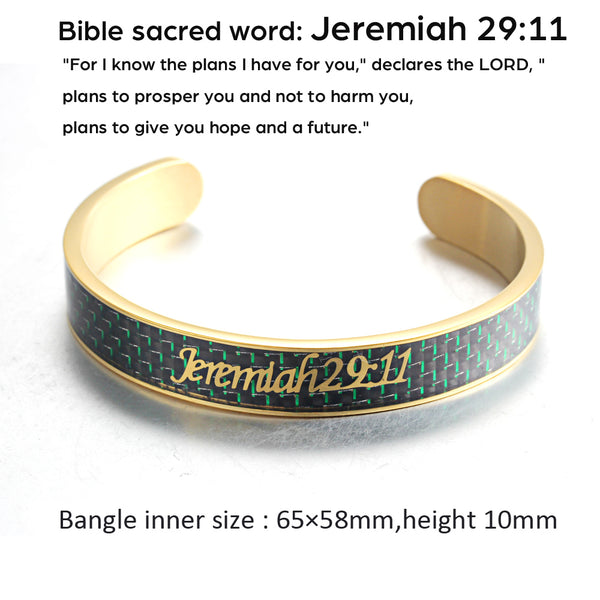 Holy Bible Sacred Word Jeremiah 29:11 Green Carbon Fiber Gold Stainless Steel Cuff Bangle Open Bracelet