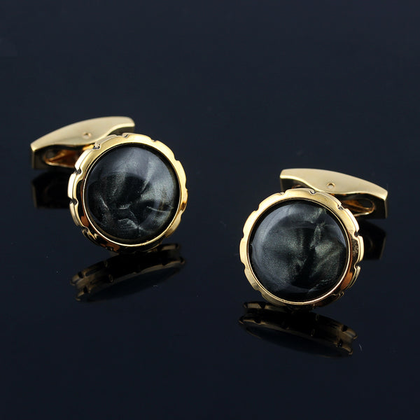 Double-layer three-dimensional carved black marble French style Silver Plated Cufflinks