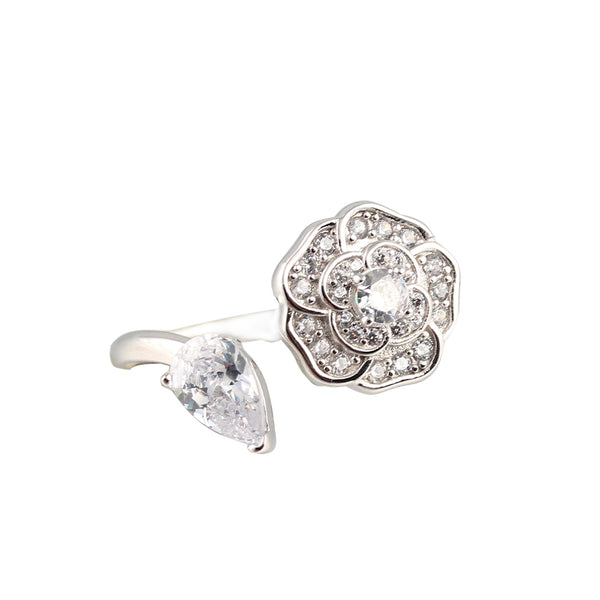 small fragrance full diamond three-dimensional camellia microset water drop diamond open ring