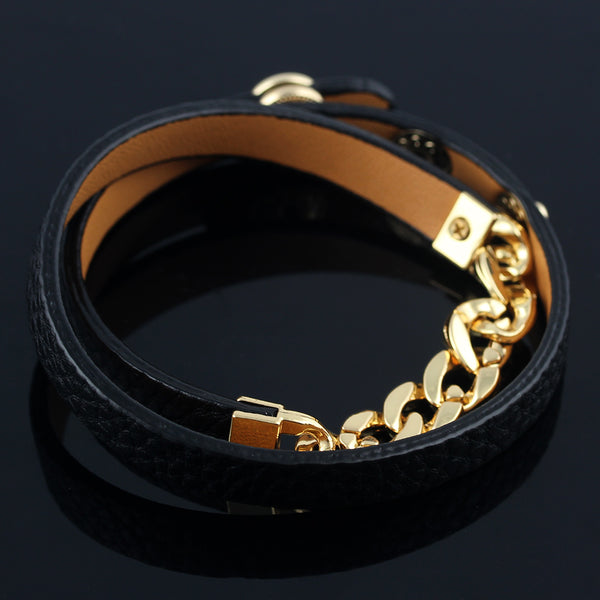 button PU Leather Bracelet Double Circle Chain Bracelet Adjustable   bracelet bangle