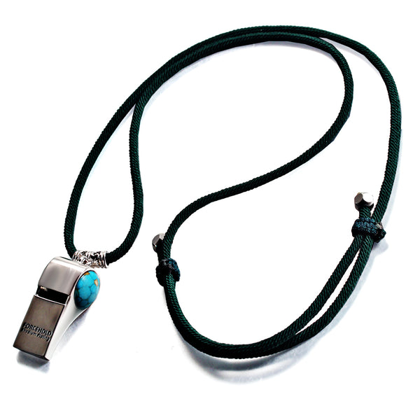 Blue Dinosaur Stone Football Whistle Help Whistle Rhodium Plated   Adjustable Length Dark Green Rope Necklace