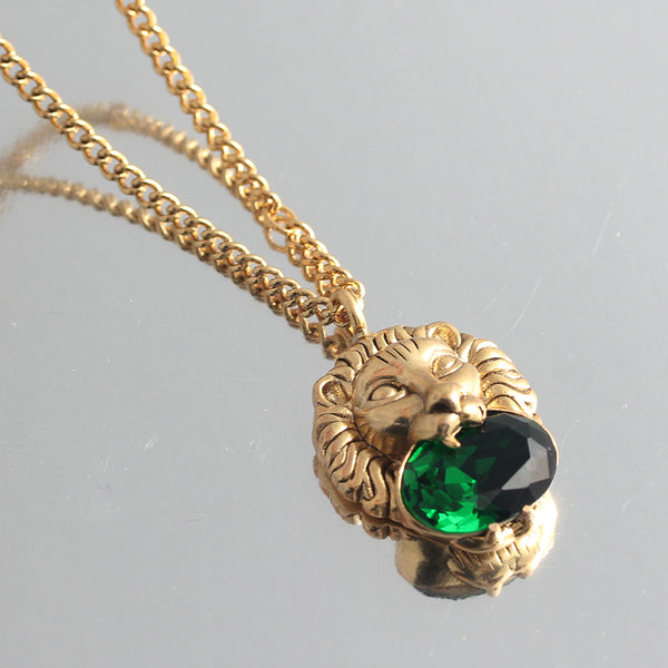 Lion Head Green Diamond 18K Gold Plating Pendant Necklace