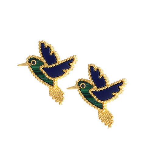 Malachite hummingbird cartoon animal 18K Gold Plating earrings