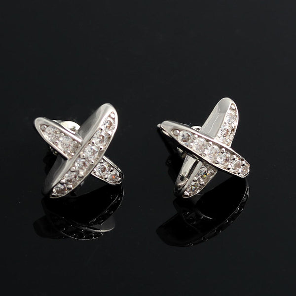 X letter cross full diamond silver plated earrings