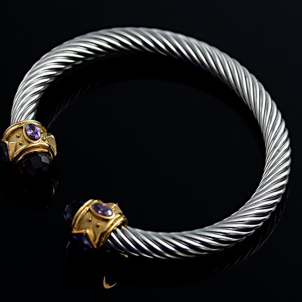 Royal Gemstone diamonds Twisted Rope Wire Stainless Steel Open Bangle