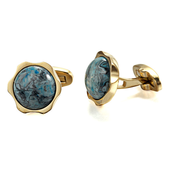 Crazy Blue Stone Sunflower Flower Stainless steel 316L 18K Gold Plating Cufflinks for Tuxedo Business Formal Shirts one pairs