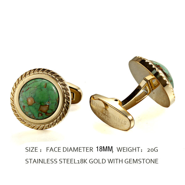 Green Dinosaur Stone Jagged Edge Casting Serrated  stainless steel 316L 18K Gold Plating cufflinks for Tuxedo Business Formal Shirts one pairs