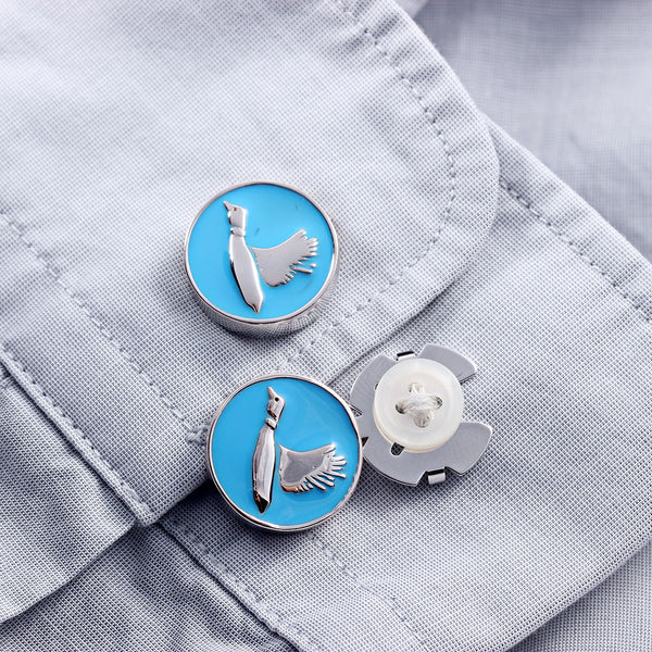 New Blue Flying Goose Enamel Silver Button Cover For Tuxedo Business Formal Shirts 17.5MM One Pair