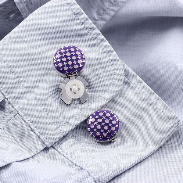 New Purple Polka Dot Flowers Enamel Silver Button Cover For Tuxedo Business Formal Shirts 17.5MM One Pair